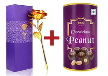 Load image into Gallery viewer, Effete Festival Gift Combo - Chocolicious Peanut 96gm with Golden Rose 10 INCHES with Carry Bag