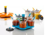 Load image into Gallery viewer, 066 -360 Degree Pickle (Achar) / Storage Containers with Black Lids and Spoon (5 Jars with lid, 5 Spoons, 1 Tray) Multicolor
